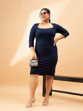 Navy Rib Square Neck Dress-SASSAFRAS Curve