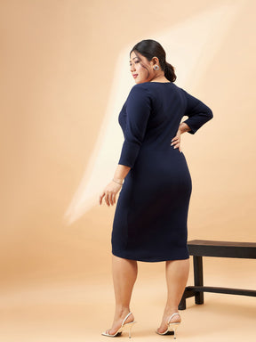 Navy Rib Square Neck Dress-SASSAFRAS Curve