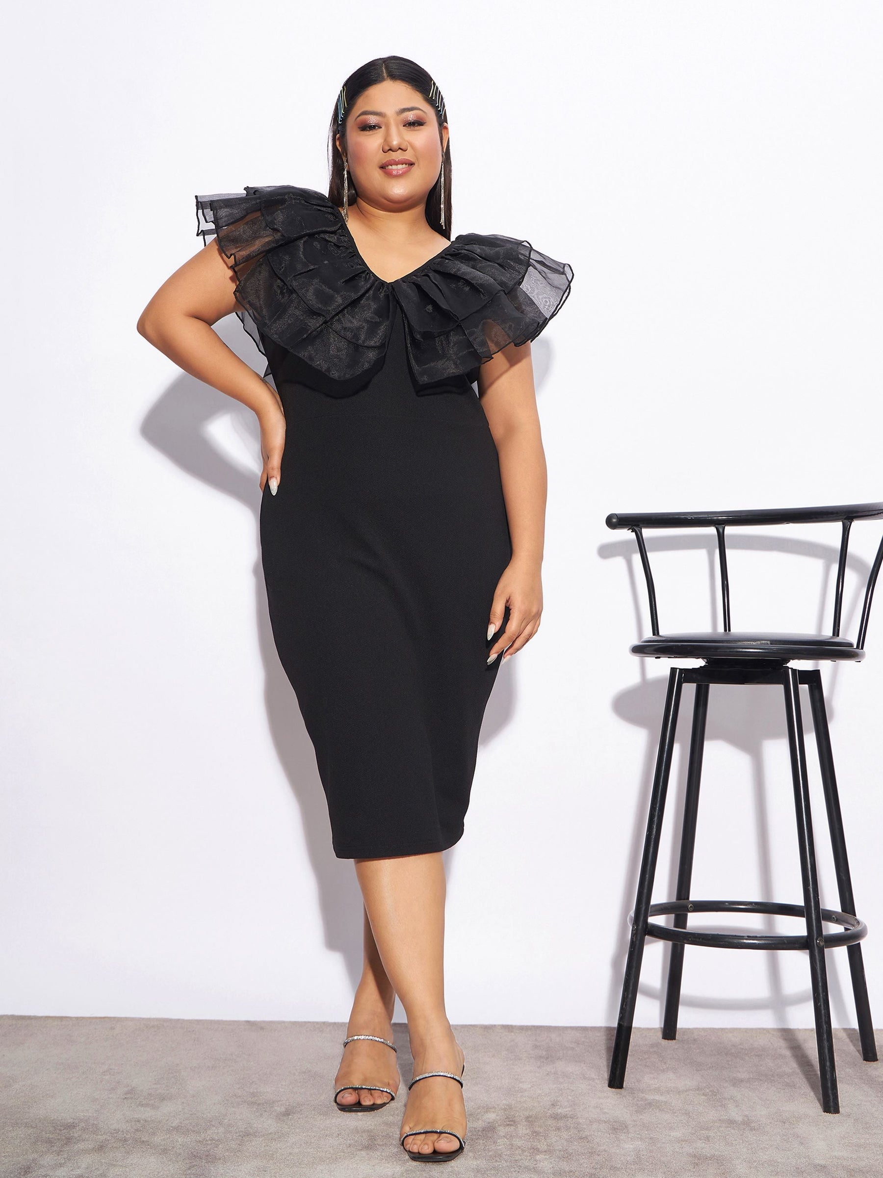 black lace chiffon frill detail bodycon dress Cross Front Plunge Frill Detail Mini Bodycon Dress In Black Lace | EGO US