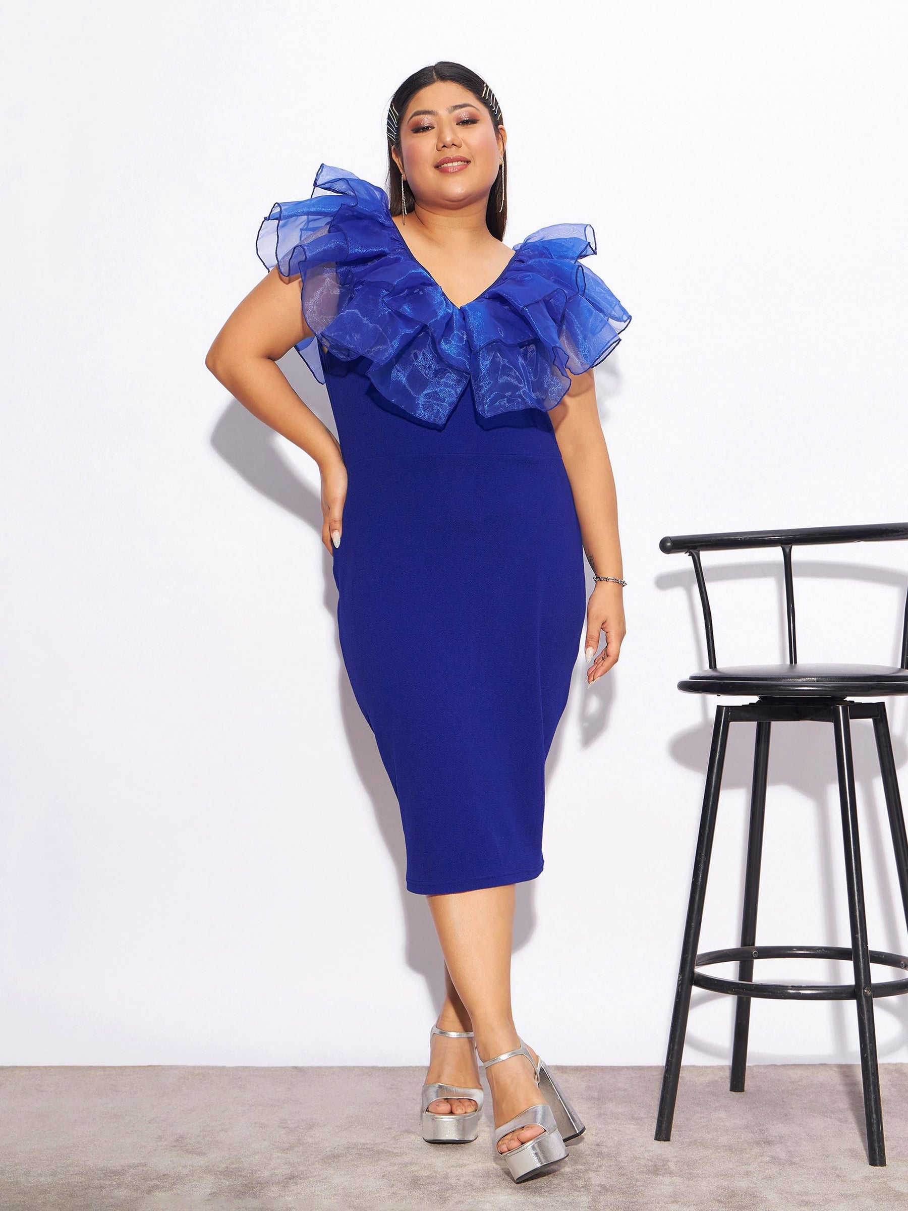 Royal Blue Organza Frill Detail Bodycon Dress-SASSAFRAS Curve