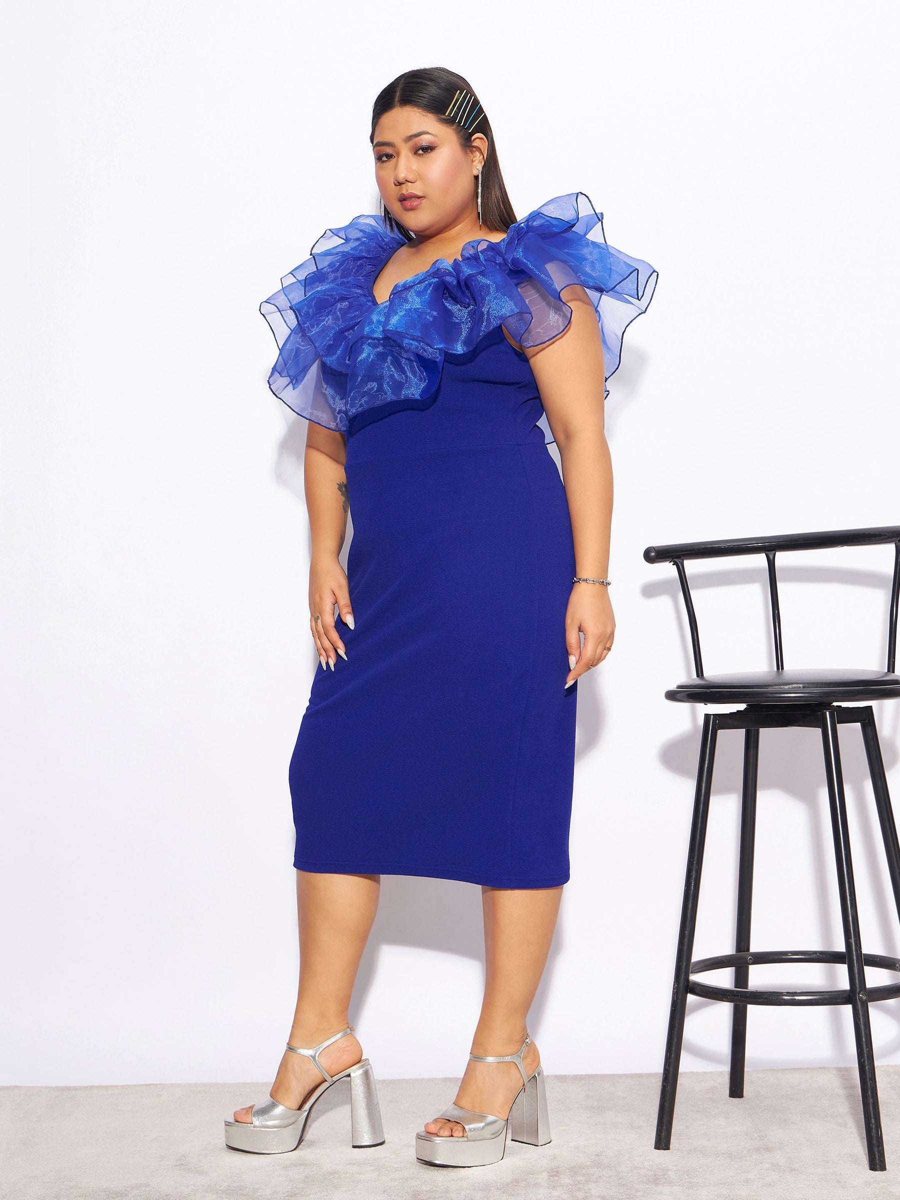 Royal Blue Organza Frill Detail Bodycon Dress-SASSAFRAS Curve