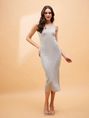 Grey Rib Round Neck Midi Dress-SASSAFRAS BASICS