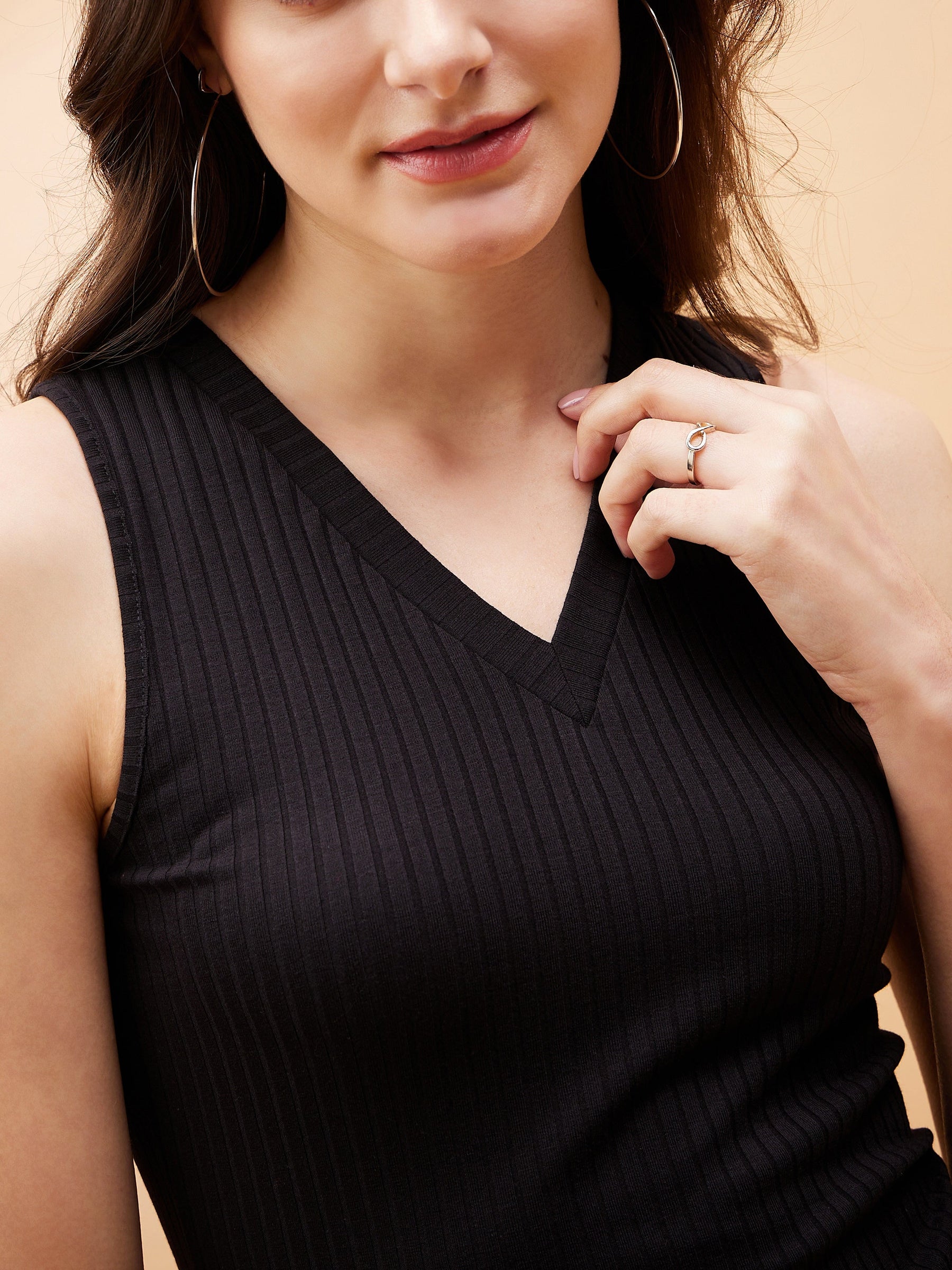 Buy Black Rib V-Neck Sleeveless Midi Dress Online At Best Price