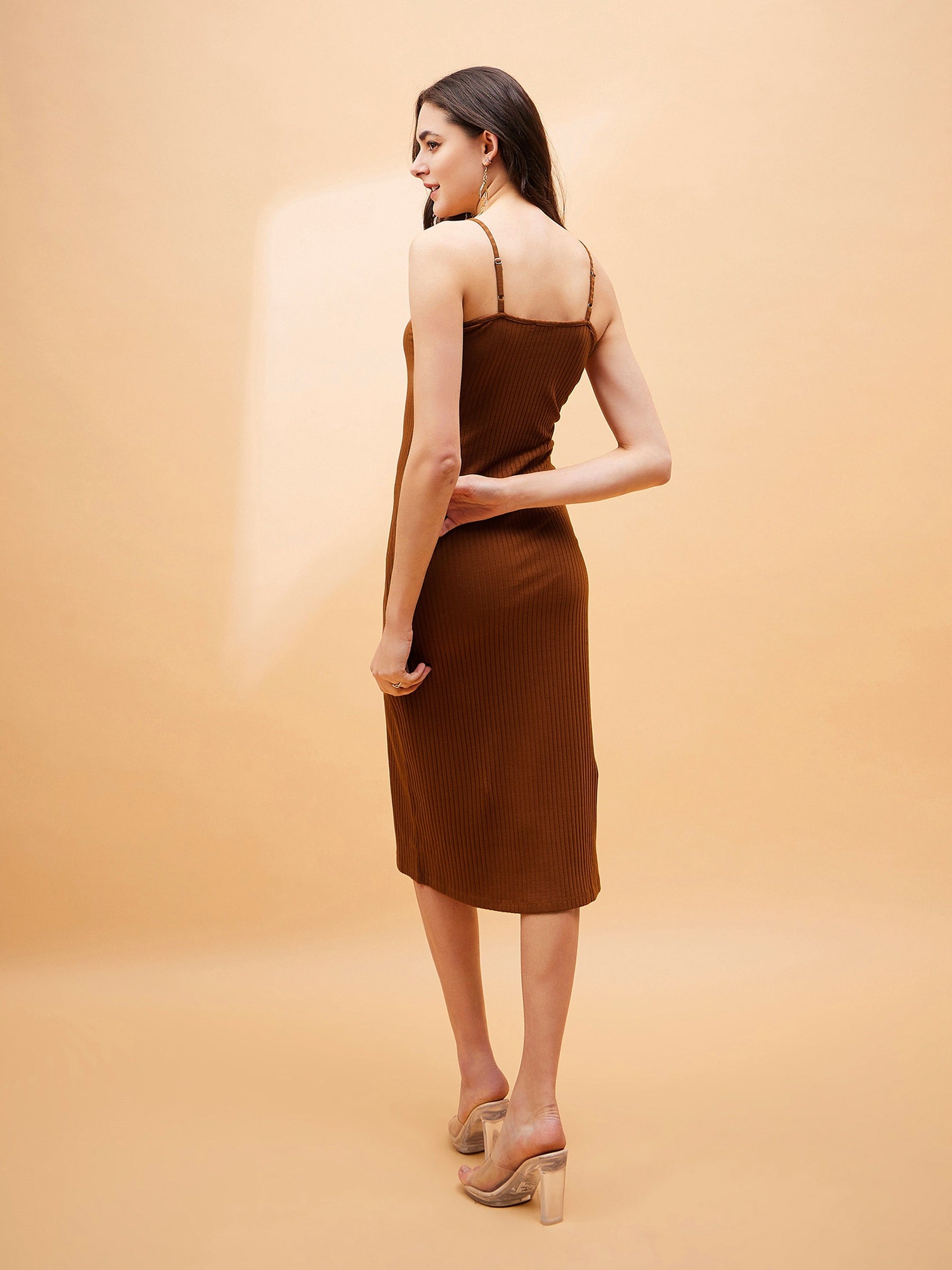 Brown Rib Strappy Dress-SASSAFRAS BASICS