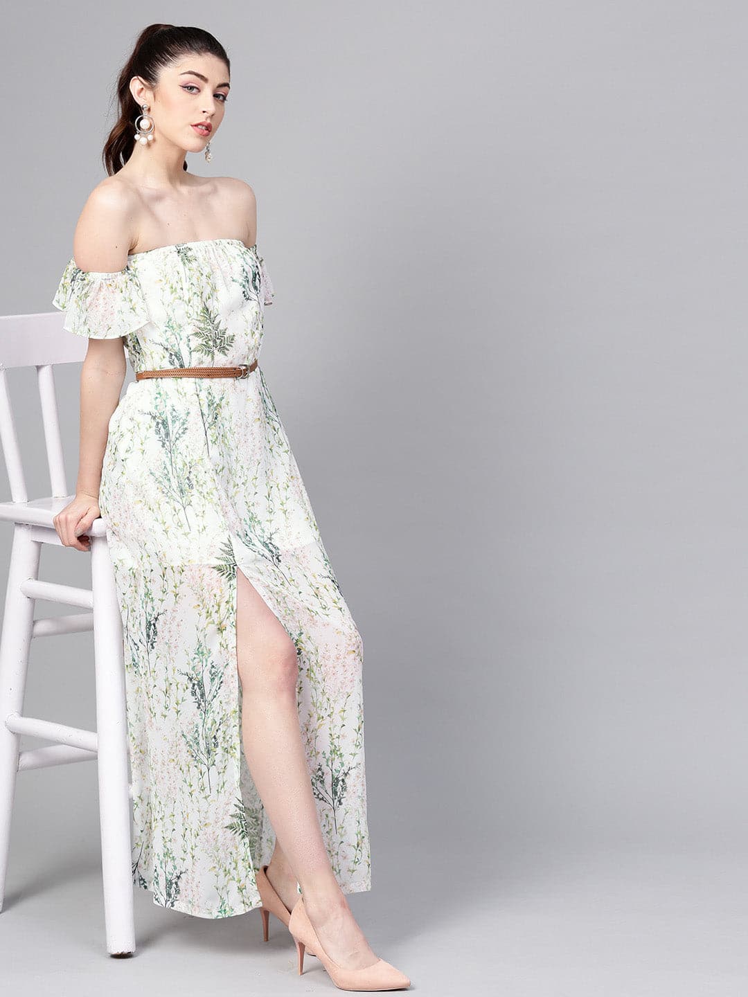 Off-White Floral Off Shoulder Belted Maxi-Dress-SASSAFRAS