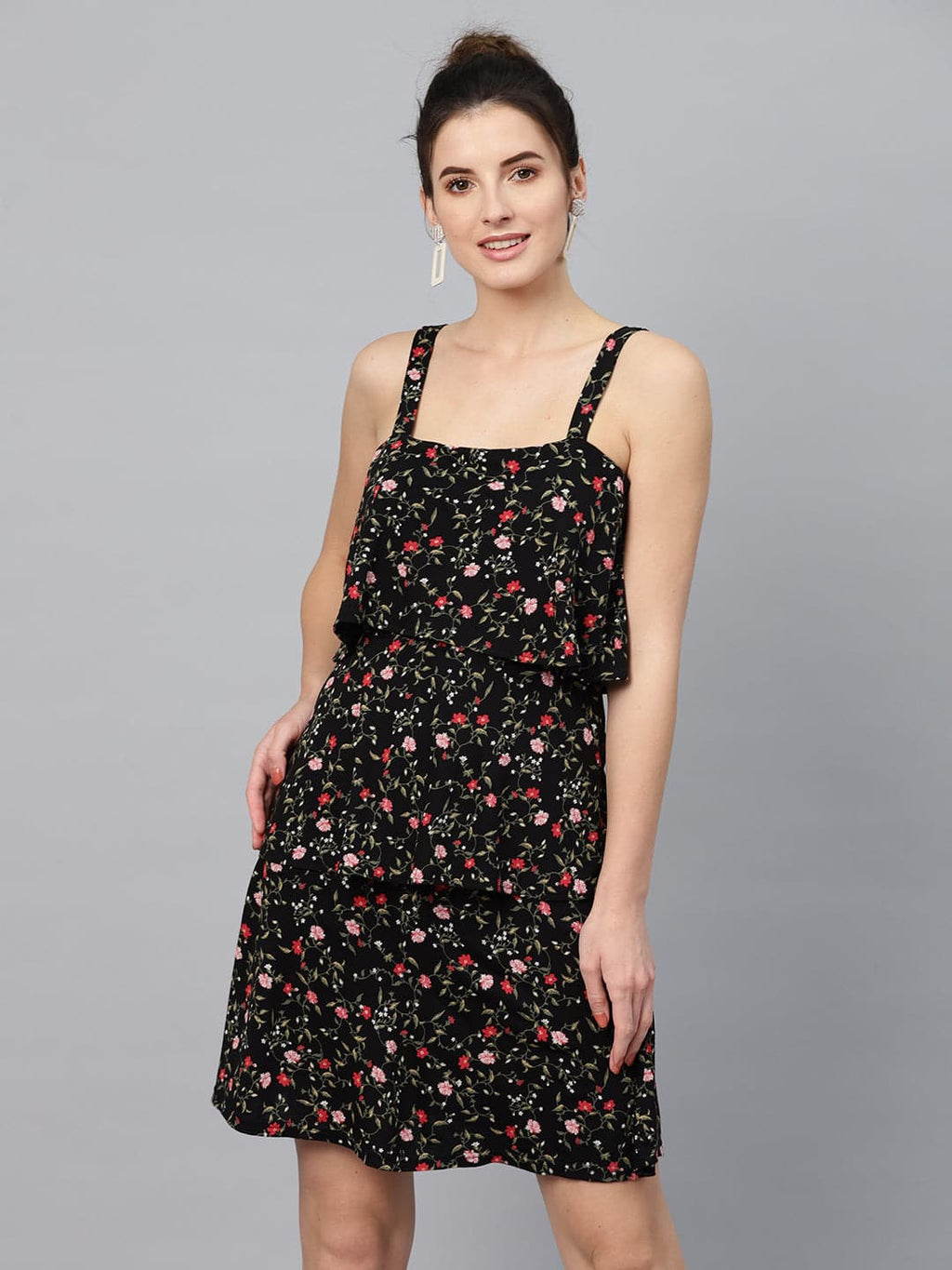 Buy Women Black Floral Strappy Tiered Dress Online At Best Price 