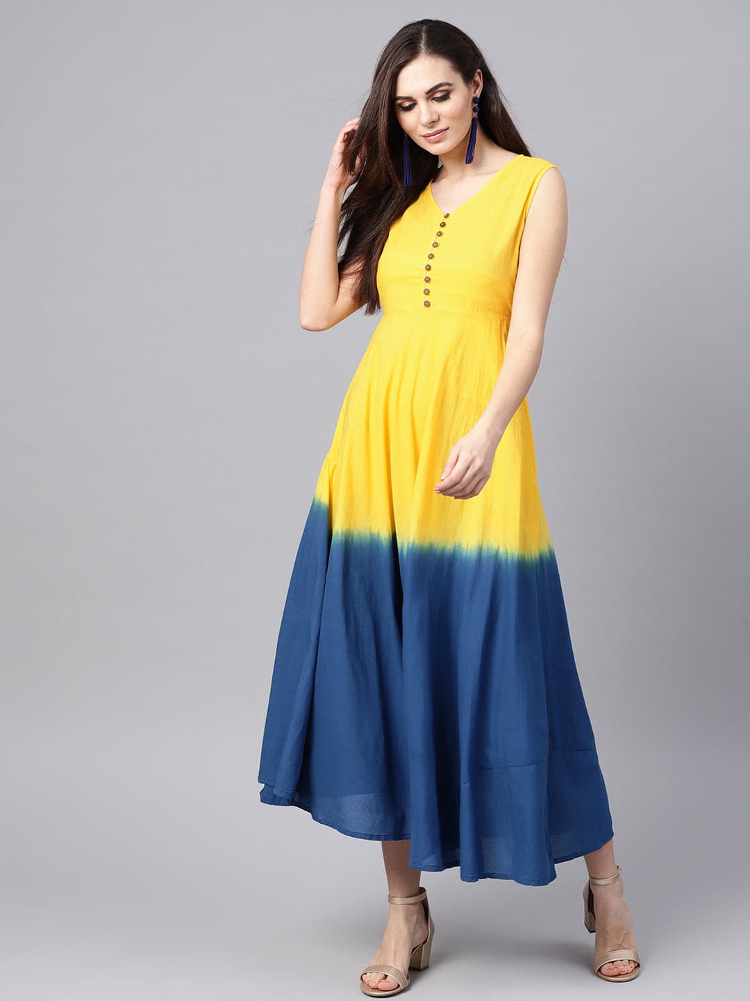Yellow & Navy Ombre Flared Maxi-Dress-SASSAFRAS