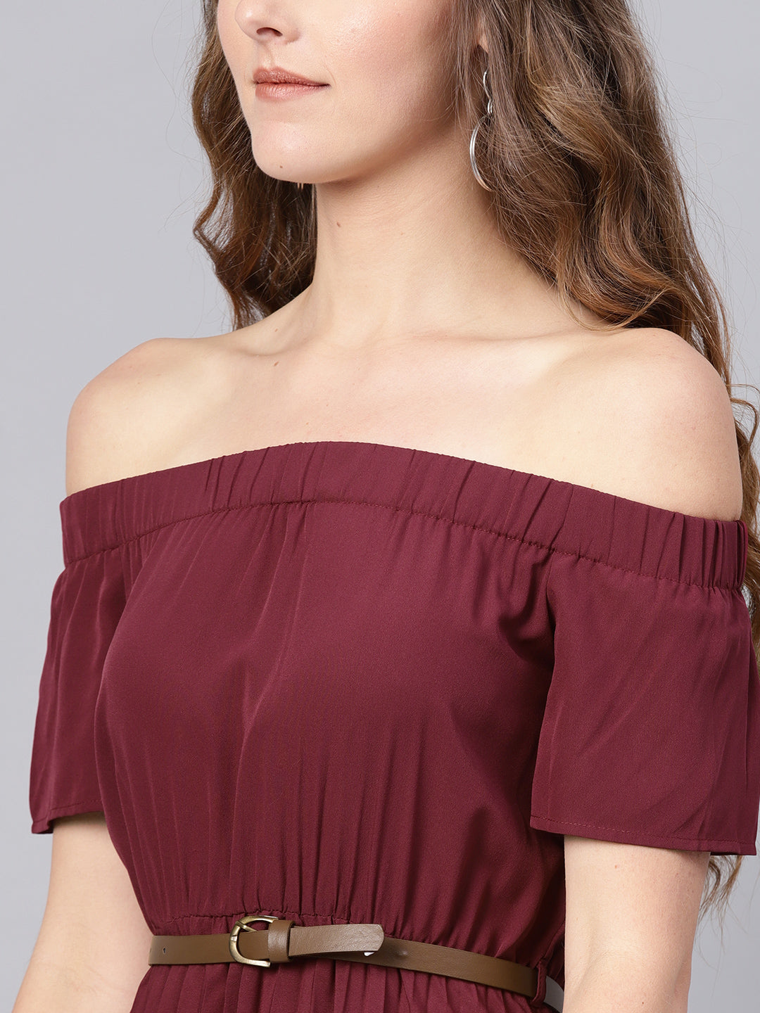 Buy Burgundy Off Shoulder High Low Belted Pleated Dress Online at Best Price - Sassafras Buy Burgundy Off Shoulder High Low Belted Pleated Dress Online at Best Price - Sassafras
