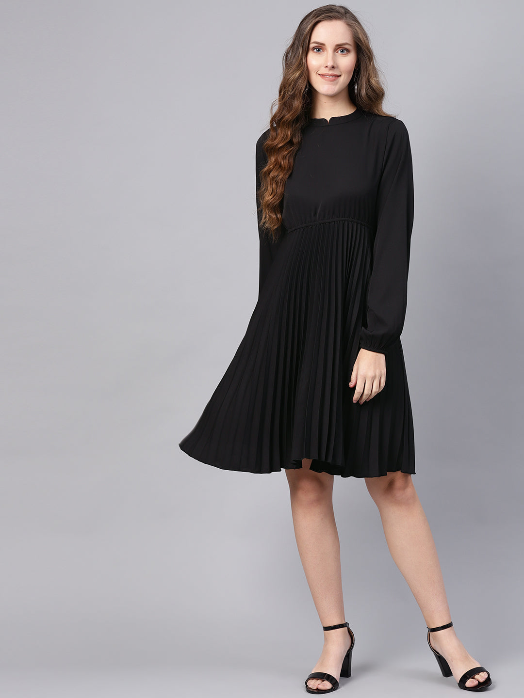 Buy Black Mandrain Collar Pleated Skater Dress Online At Best