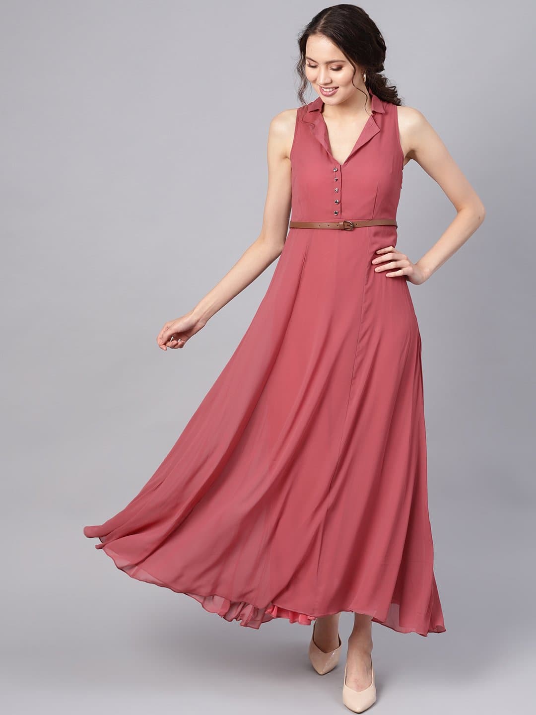 Rose Pink Notched Collar Belted Maxi-Dress-SASSAFRAS