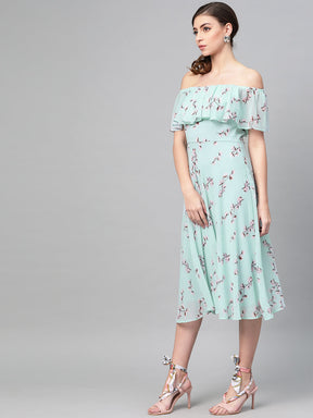 Sea Green Floral Off Shoulder Midi Dress