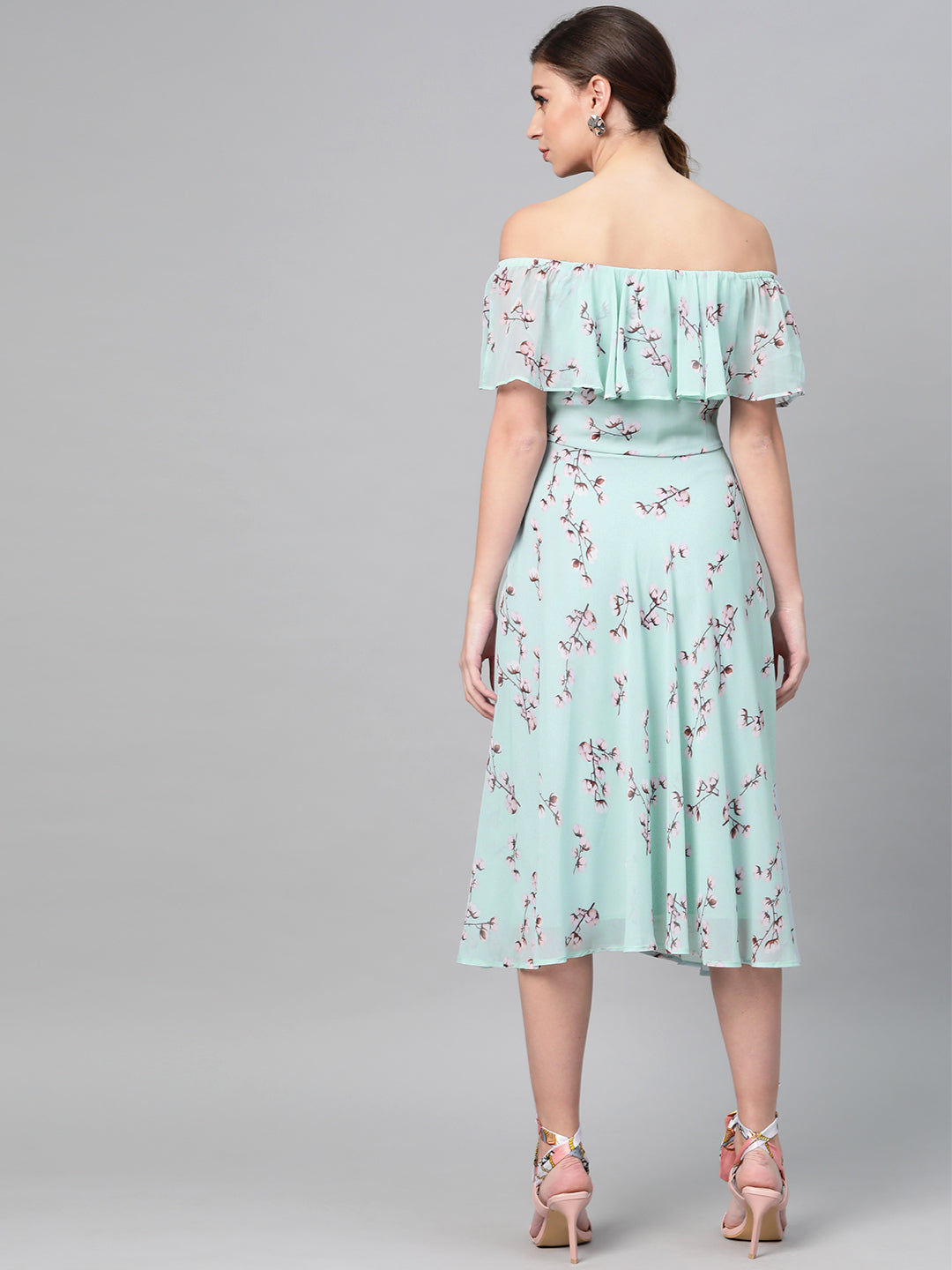 Sea Green Floral Off Shoulder Midi Dress