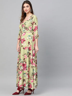 Green Floral Flared Maxi Dress-Dress-SASSAFRAS