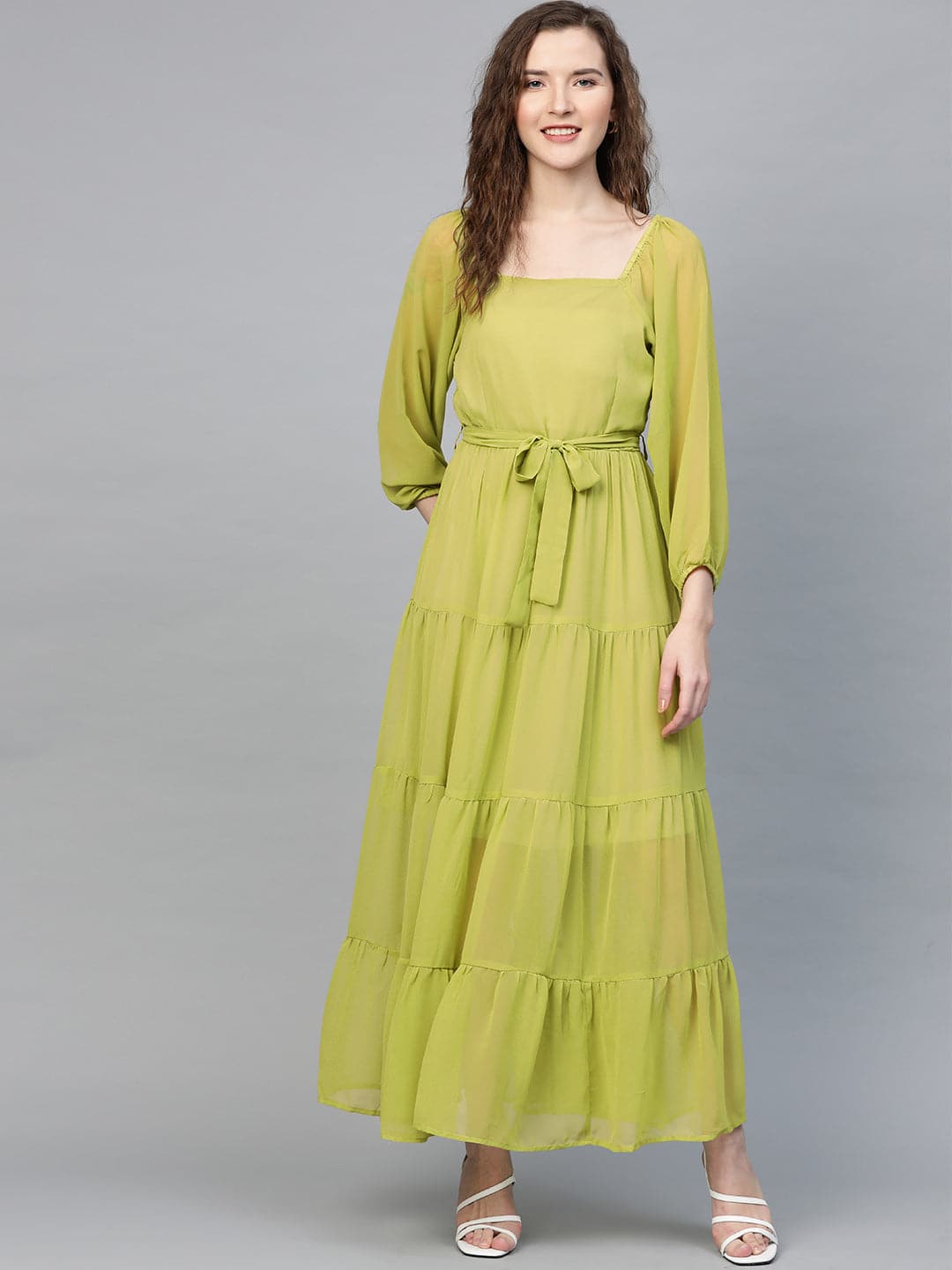 Green Square Neck Tiered Maxi Dress-Dress-SASSAFRAS