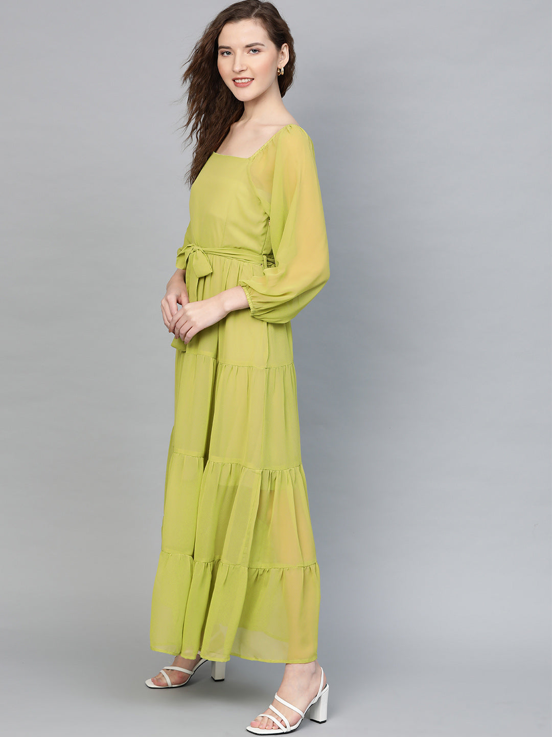 Green Square Neck Tiered Maxi Dress