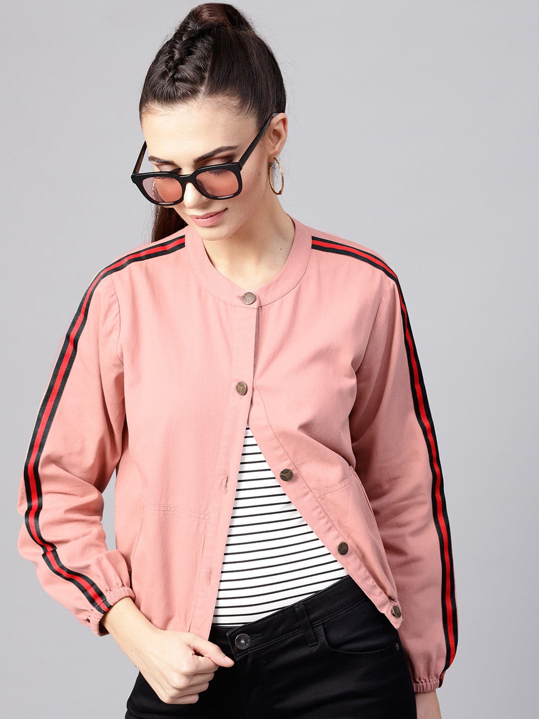 Pink Denim Bomber Sleeve Tape Jacket-Jackets-SASSAFRAS