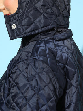 Navy Quilted Hooded Puffer Jacket-SASSAFRAS