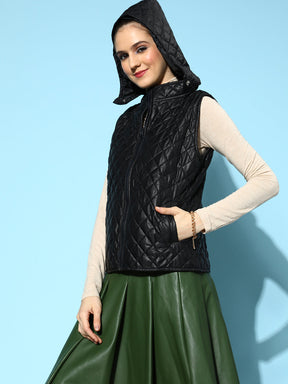 Black Quilted Sleeveless Hood Jacket-SASSAFRAS