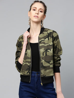 Green Camouflage Bomber Zipper Jacket-Jackets-SASSAFRAS