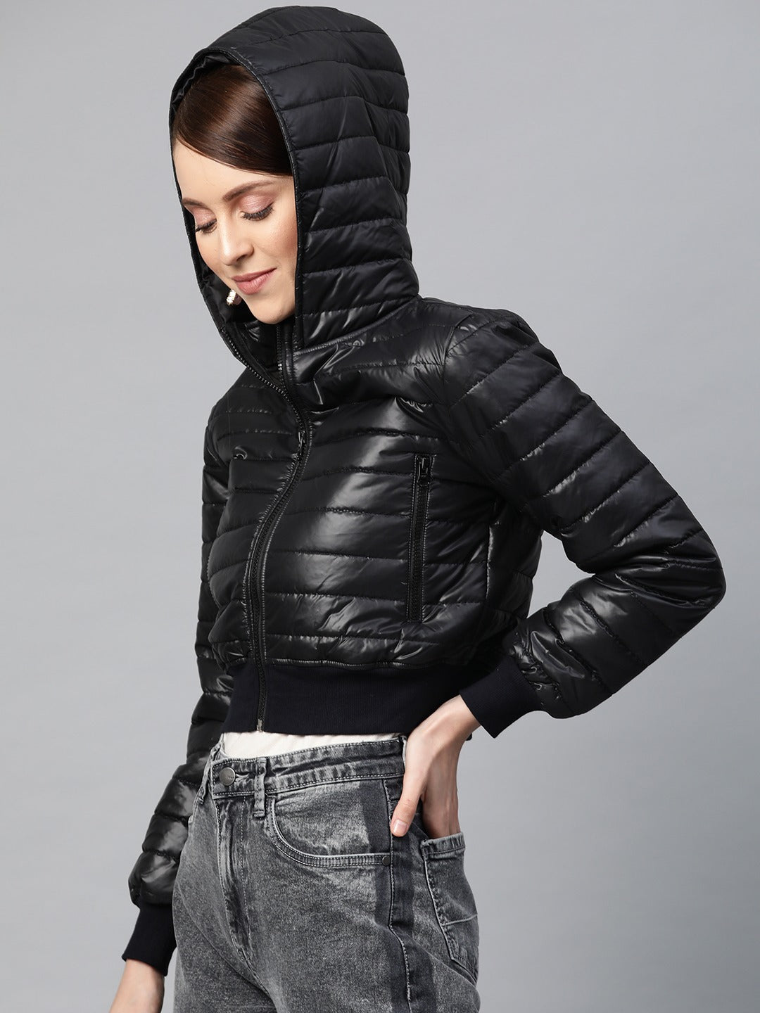 Buy Women Black Hooded Crop Bomber Puffer Jacket Online At Best Price 