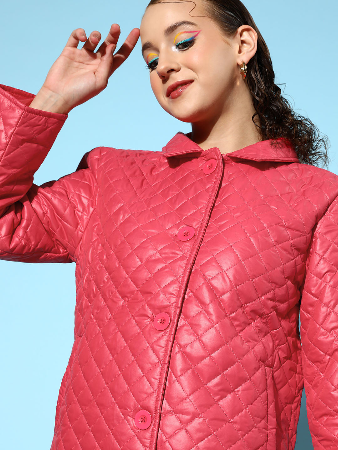 Red Collared Quilted Puffer Jacket-SASSAFRAS