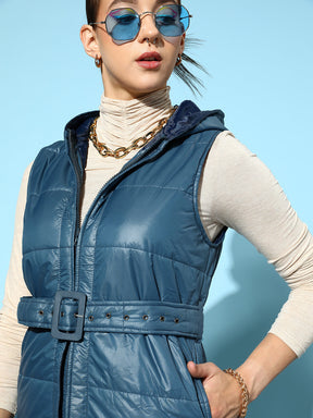 Teal Belted Longline Hooded Quilted Jacket-SASSAFRAS