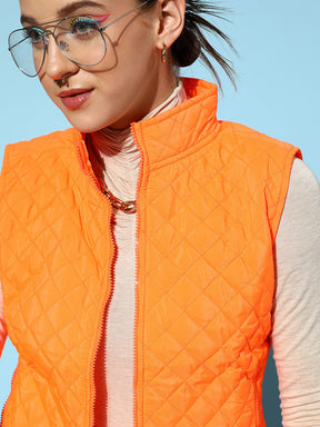 Neon Orange Sleeveless Quilted Puffer Jacket-SASSAFRAS