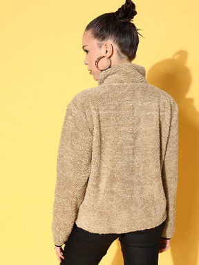 Beige Faux Fur Contrast Piping Jacket-SASSAFRAS