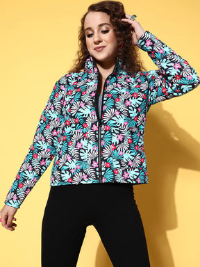 Black & Teal Tropical Puffer Jacket-SASSAFRAS