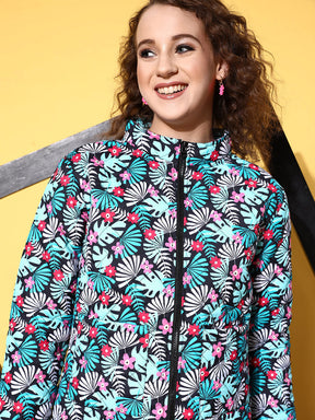 Black & Teal Tropical Puffer Jacket-SASSAFRAS