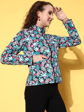 Black & Teal Tropical Puffer Jacket-SASSAFRAS