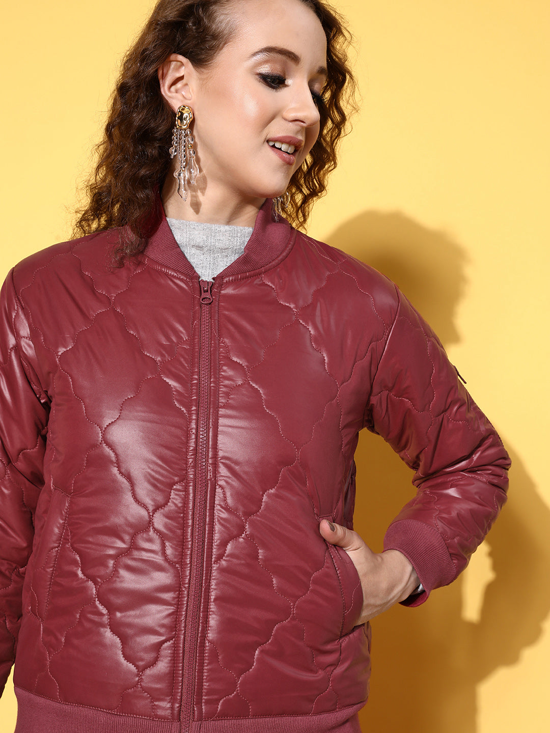 Maroon Front Pockets Puffer Bomber Jacket-SASSAFRAS