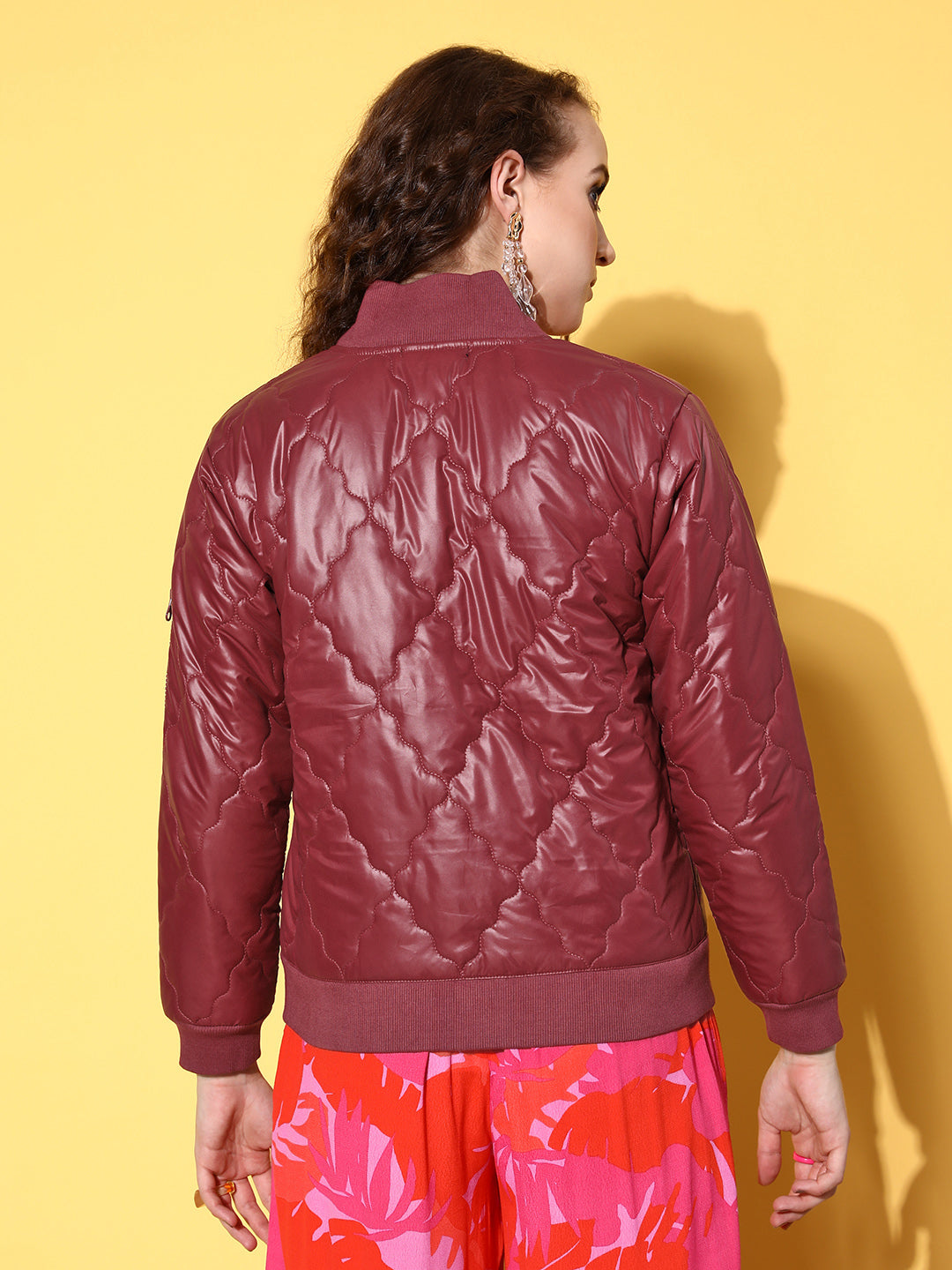 Maroon Front Pockets Puffer Bomber Jacket-SASSAFRAS