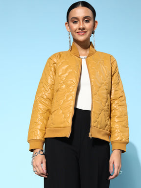 Mustard Front Pockets Puffer Bomber Jacket-SASSAFRAS