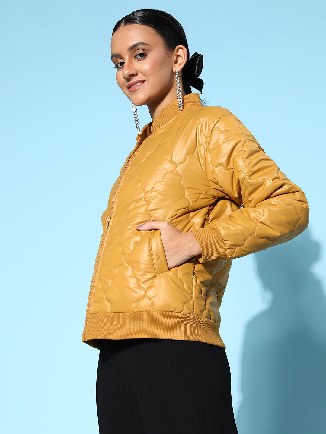 Mustard Front Pockets Puffer Bomber Jacket-SASSAFRAS