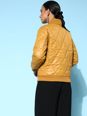 Mustard Front Pockets Puffer Bomber Jacket-SASSAFRAS