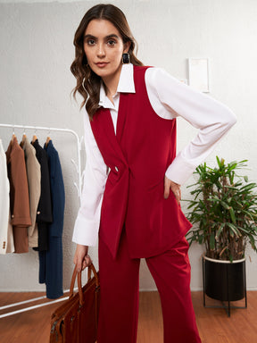 Red Double-Breast Sleeveless Longline Blazer-SASSAFRAS worklyf