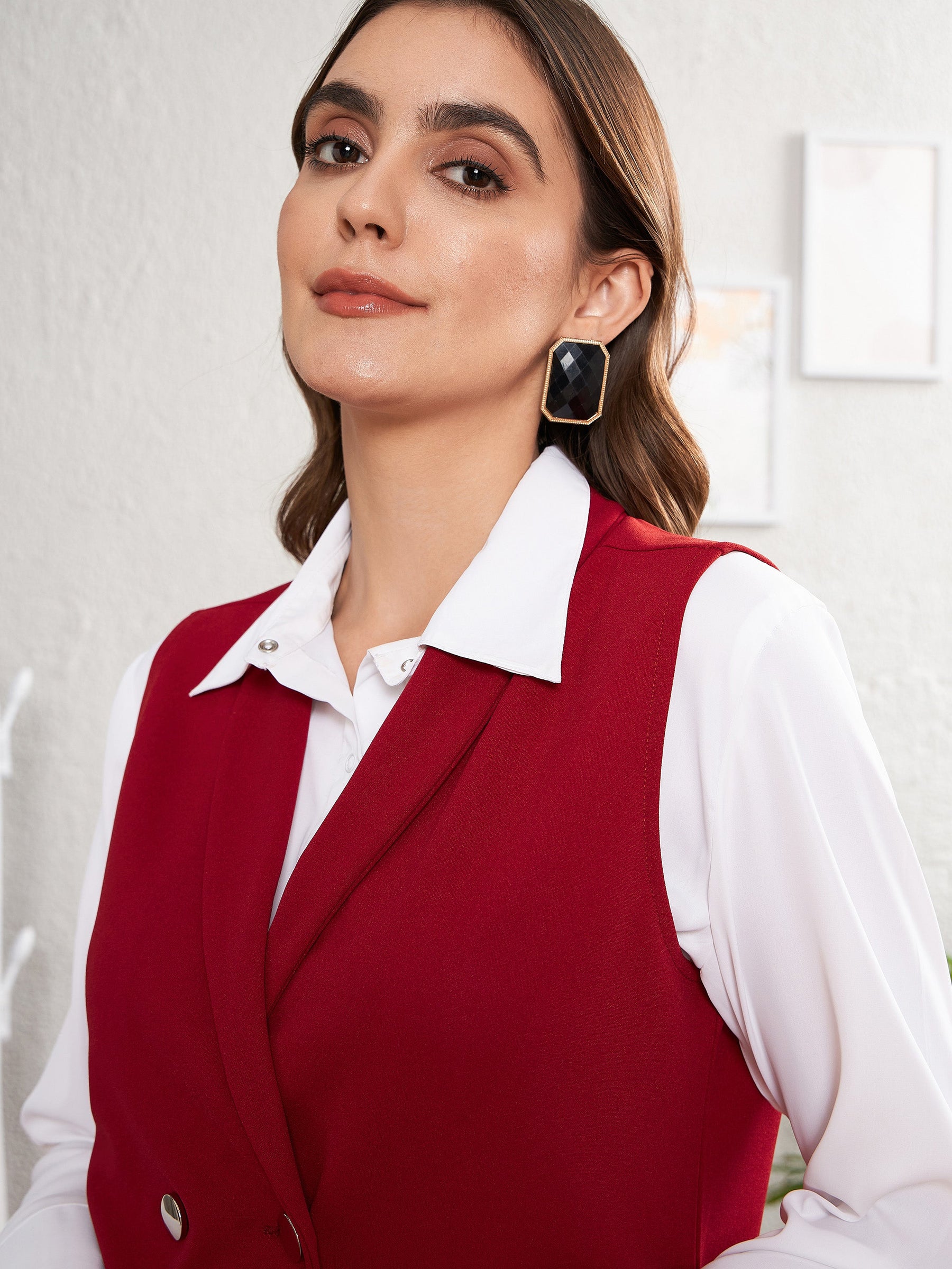 Red Double-Breast Sleeveless Longline Blazer-SASSAFRAS worklyf