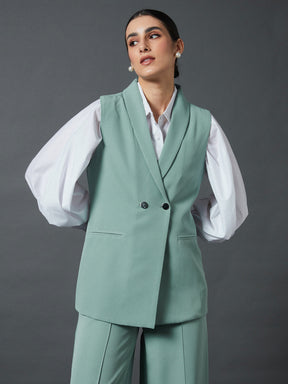 Blue Double-Breast Sleeveless Longline Blazer-SASSAFRAS worklyf