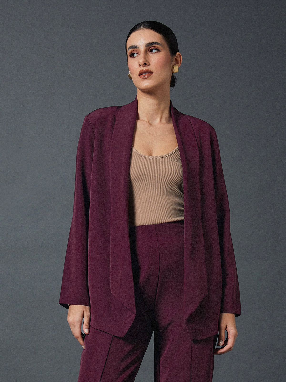 Maroon Shawl Collar Front Open Blazer-SASSAFRAS worklyf