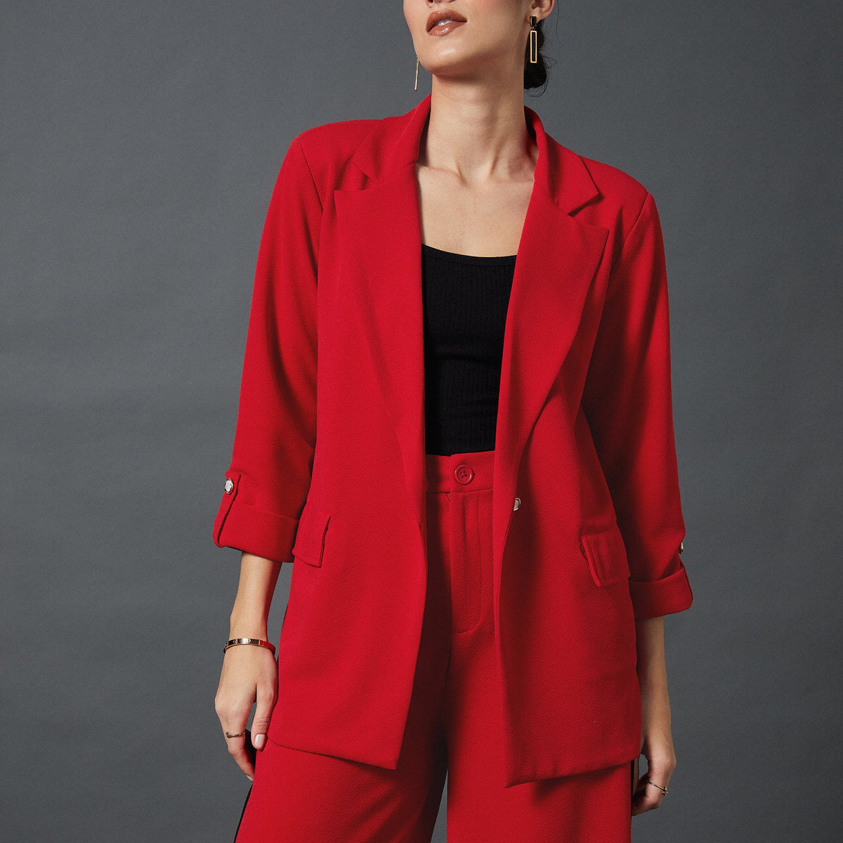 Women Red Front Button Blazer
