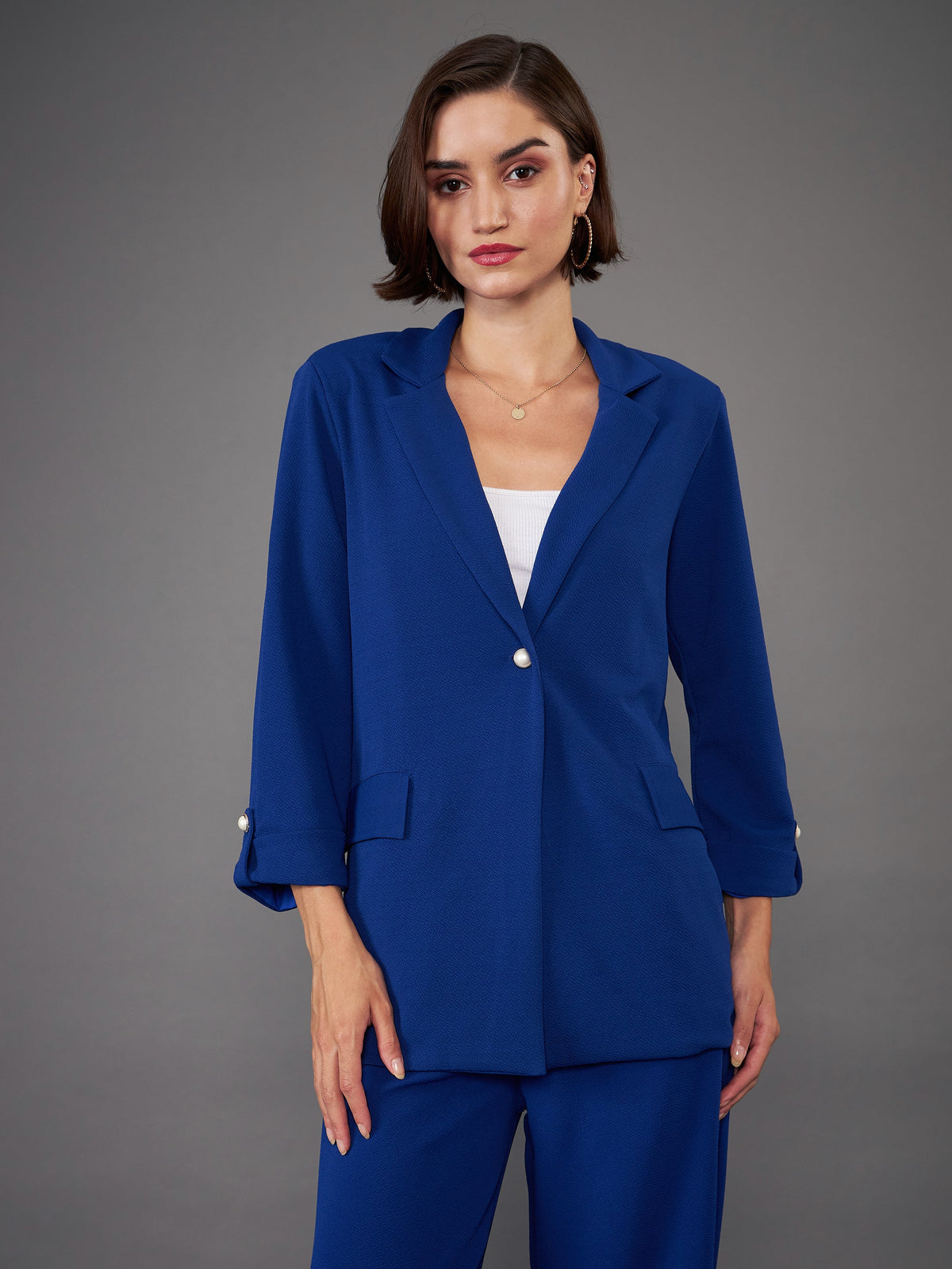 Royal Blue Front Button Blazer-SASSAFRAS worklyf