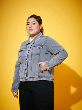 Grey Acid Washed Basic Denim Jacket-SASSAFRAS Curve