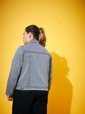 Grey Acid Washed Basic Denim Jacket-SASSAFRAS Curve