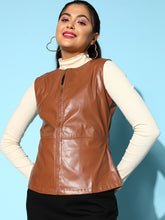 Brown Sleeveless PU Peplum Jacket -SASSAFRAS