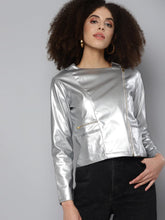 Silver Mettalic PU Biker Jacket-Jackets-SASSAFRAS