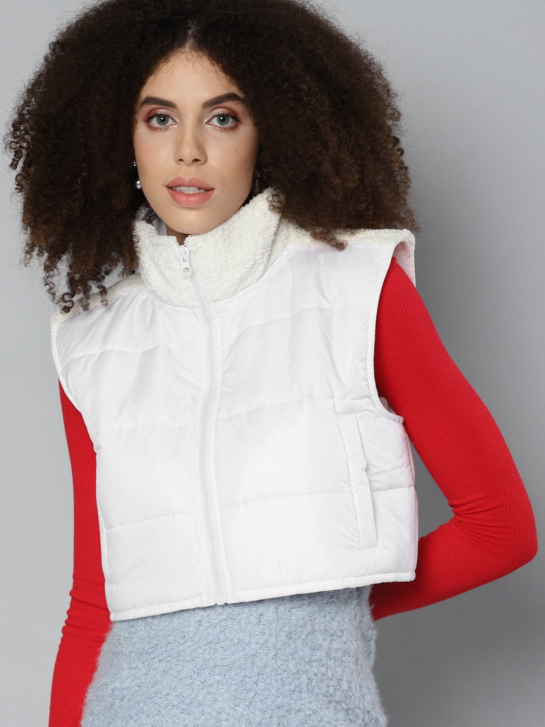 White Fur Shoulder Crop Puffer Jacket-Jackets-SASSAFRAS