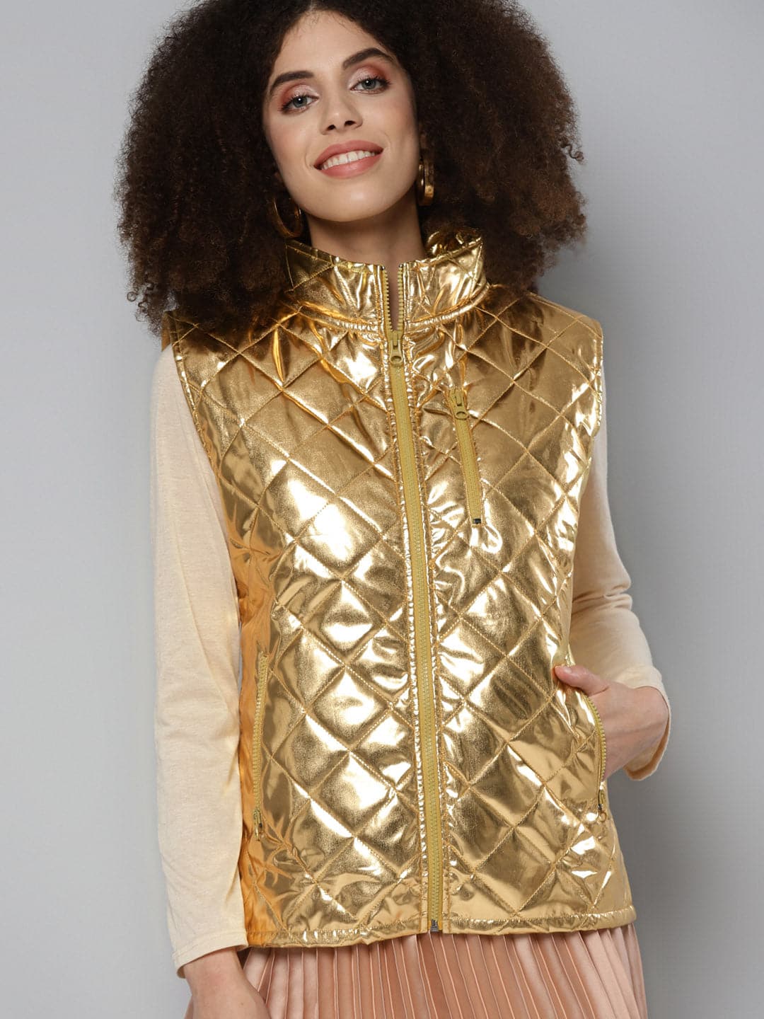 Gold Metallic Sleeveless Puffer Jacket-Jackets-SASSAFRAS