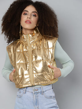 Gold Mettalic Sleeveless Puffer Crop Jacket-Jackets-SASSAFRAS