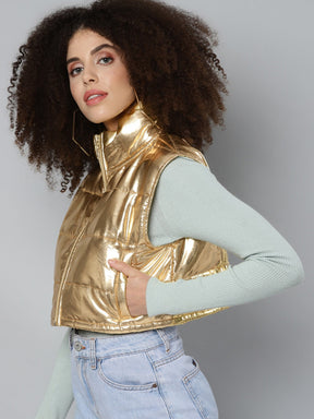 Gold Mettalic Sleeveless Puffer Crop Jacket